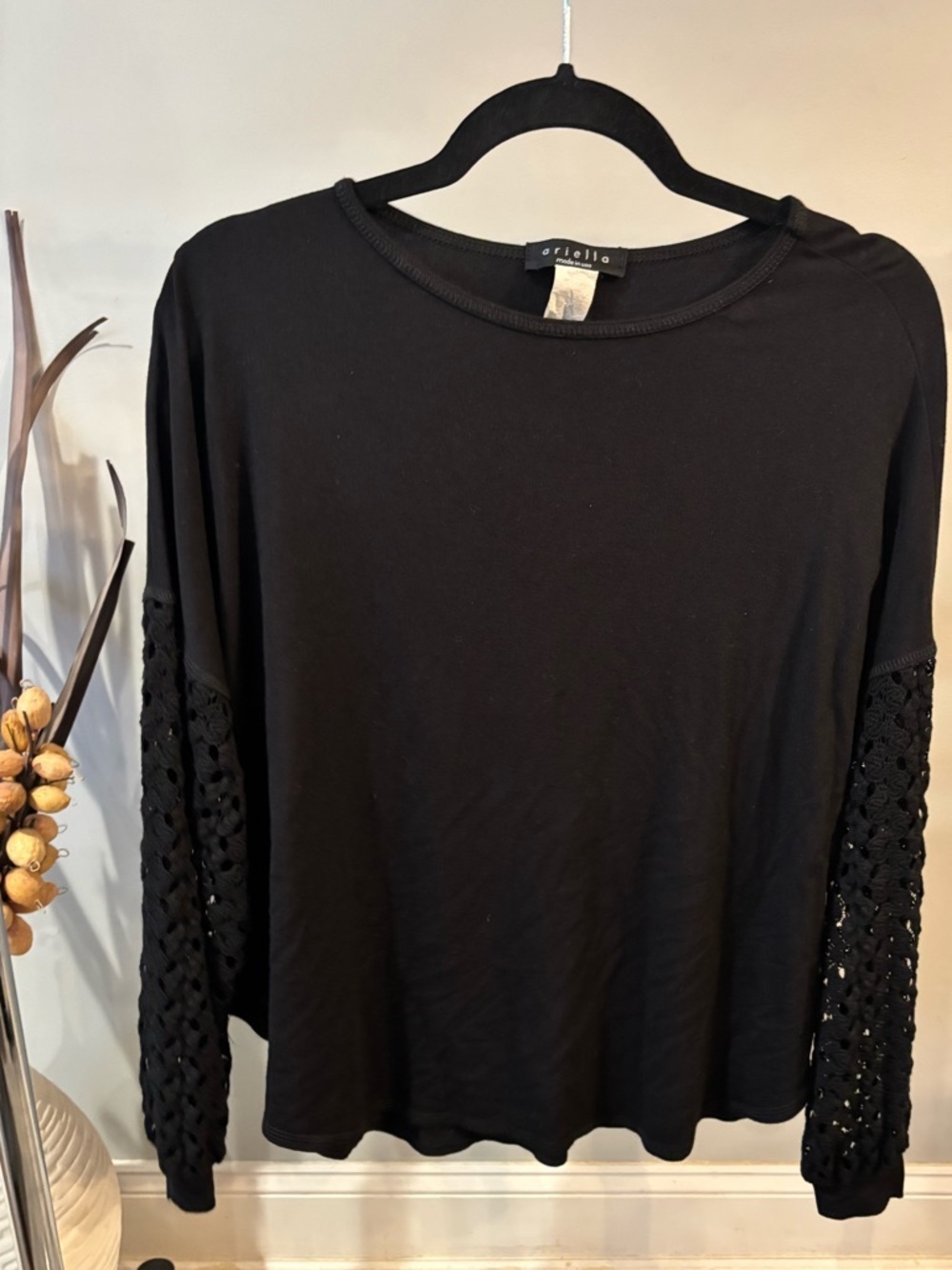 Ariella Black Long-Sleeve Crochet Sleeve Top
